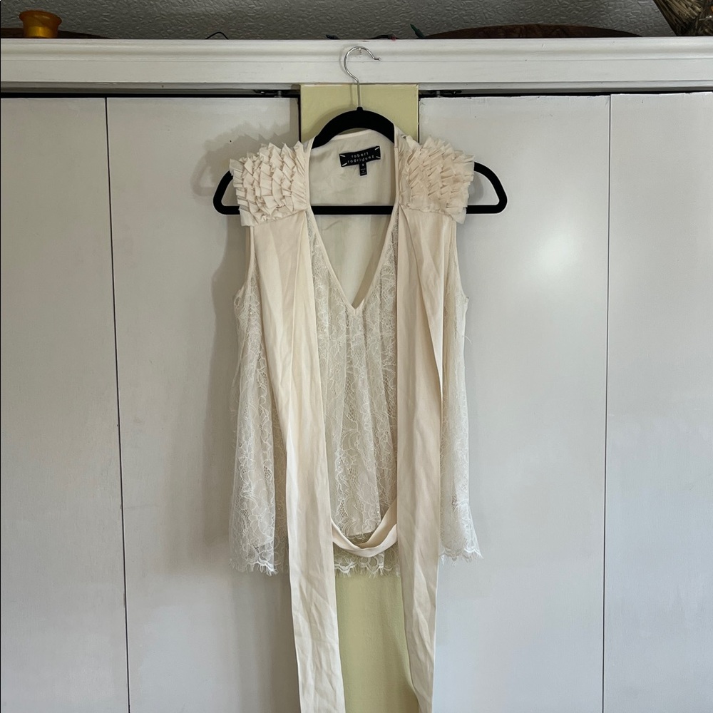 Robert Rodriguez Cream Lace Sleeveless Tunic with Pleated Shoulder Detail